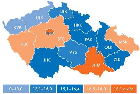 Podíl vysokoškolsky vzdělaných osob z celkového počtu osob ve věku 15 a více let (za rok 2017) uvedený v % | Foto: ČSÚ