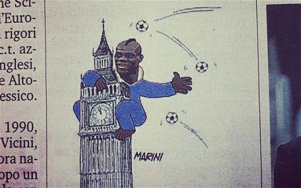 Mario Balotelli jako King Kong v karikatuře deníku Gazzetta dello Sport.