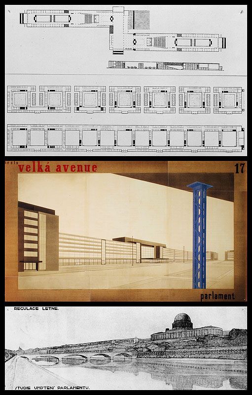 Nová československá republika potřebovala nové reprezentativní budovy. Na Letné měl proto vyrůst areál ministerstev, kterému by vévodil parlament. Položený vyzývavě vůči Pražskému hradu - symbolu mocnářství. V roce 1928 byla vypsána soutěž na budovu parlamentu. Sešlo se šestnáct návrhů, z nichž byl jako vítěz vybrán Josef Štěpánek (nahoře), druhou cenu získal za svůj funkcionalistický návrh Jaromír Krejcar (uprostřed) a třetí Bohumil Hypšman za parlament s kupolí(dole). | Foto: Aktuálně.cz, repro Tomáš Adamec