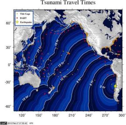 Postup přívalové vlny tsunami Tichým oceánem (podle družice NOAA) | Foto: Reuters