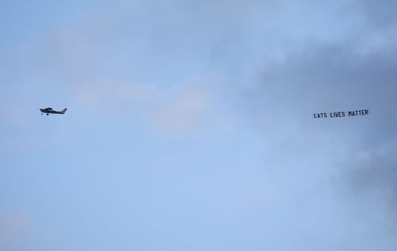 Banner s nápisem Cats Lives Matter nad Anfieldem.
