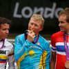 Olympijští medailisté v silniční cyklistice na OH 2012 v Londýně - zlatý Kazach Alexandr Vinokurov, stříbrný Kolumbijec Rigoberto Uran a bronzový Nor Alexander Kristoff.