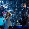 Gordon of Sonic Youth performs with Grohl and Novoselic of Nirvana after band was inducted during 29th annual Rock and Roll Hall of Fame Induction Ceremony in Brooklyn, New York
