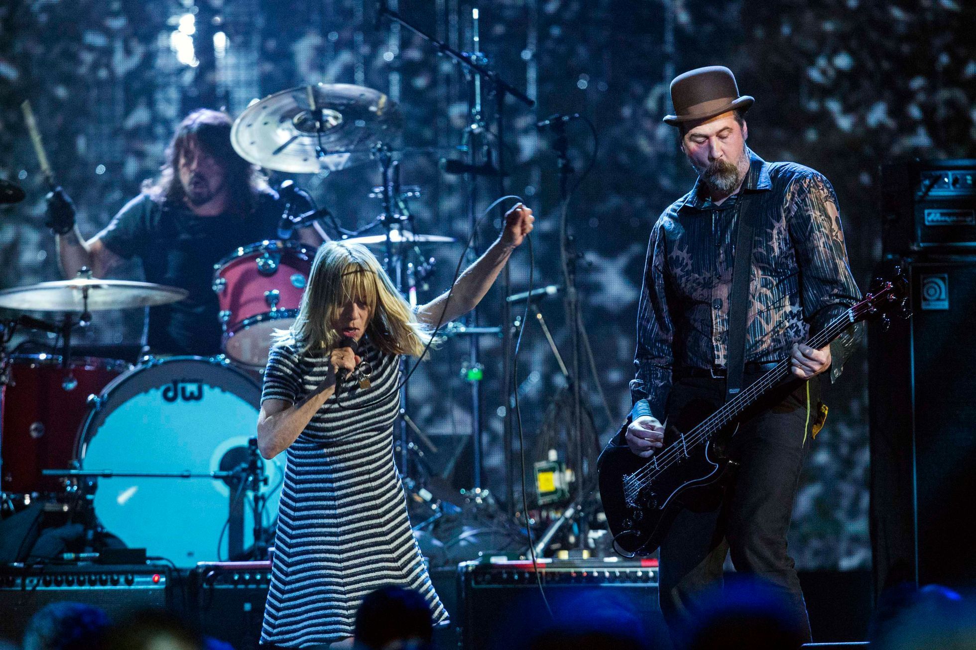 Gordon of Sonic Youth performs with Grohl and Novoselic of Nirvana after band was inducted during 29th annual Rock and Roll Hall of Fame Induction Ceremony in Brooklyn, New York