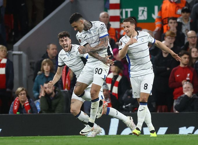 Soccer Football - Europa League - Quarter Final - First Leg - Liverpool v Atalanta - Anfield, Liverpool, Britain - April 11, 2024 Atalanta's Gianluca Scamacca celebrates