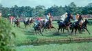 Závodníci při překonávání Malého vodního příkopu během Velké pardubické steeplechase, Pardubice, 8. října 1967.