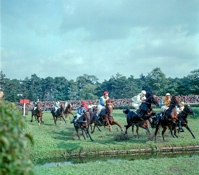 Závodníci při překonávání Malého vodního příkopu během Velké pardubické steeplechase, Pardubice, 8. října 1967.