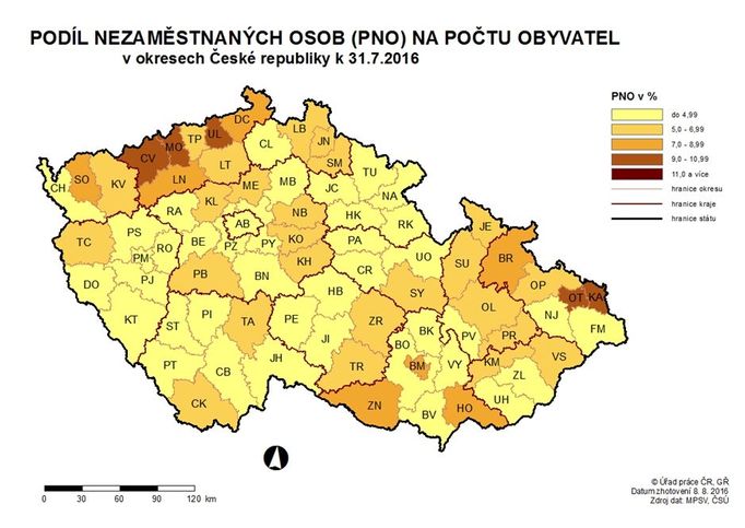 Nezaměstnanost v červenci 2016 podle regionů