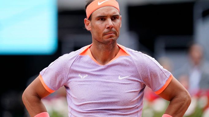 Tennis - Madrid Open - Park Manzanares, Madrid, Spain - April 29, 2024 Spain's Rafael Nadal reacts during his round of 32 match against Argentina's Pedro Cachin REUTERS/A