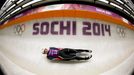 Germany's Huefner speeds down the track during the women's luge training at the Sanki sliding center in Rosa Khutor near Sochi