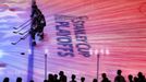 Los Angeles Kings players stand during the playing of the national anthem, before the start of Game 1 of their NHL Western Conference semifinal playoff hockey game agains