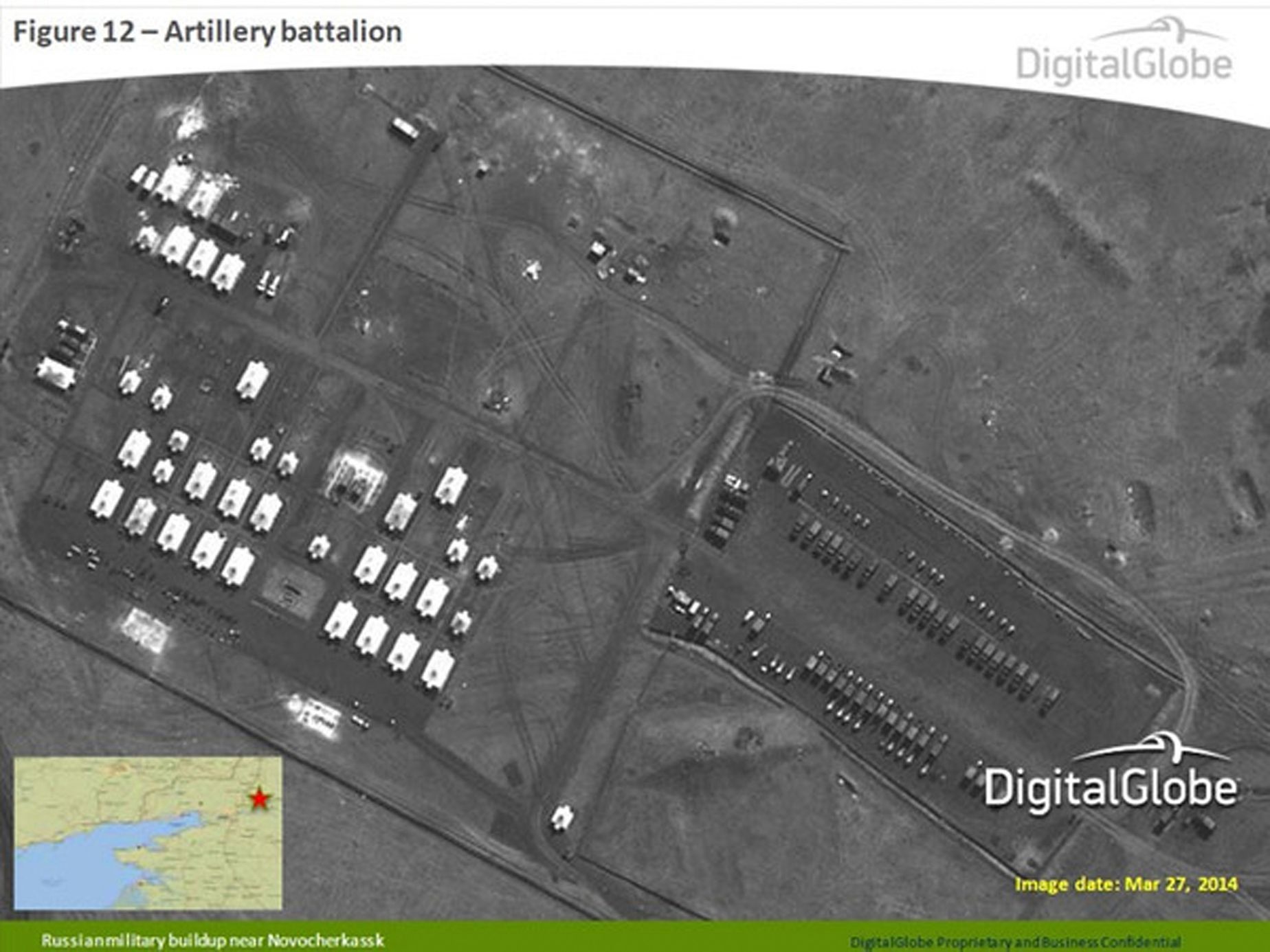 A satellite image provided to Reuters by SHAPE and taken by DigitalGlobe shows what is reported by SHAPE to be a Russian artillery battalion in Novocherkassk