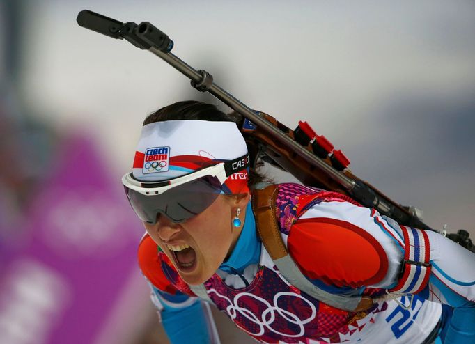 Czech Republic's Veronika Vitkova reacts after crossing the finish line in the women's biathlon 15km individual event at the 2014 Sochi Winter Olympics February 14, 2014.