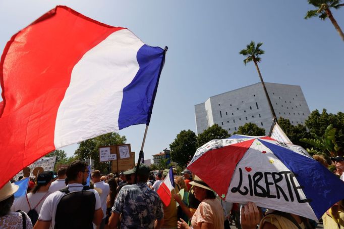 Nejčastějším motivem transparentů demonstrantů v Nice je slovo "liberté", tedy svoboda.