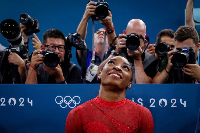 Paris 2024 Olympics - Artistic Gymnastics - Women's Vault Final - Bercy Arena, Paris, France - August 03, 2024. Simone Biles of United States reacts after her performance