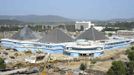 Construction labourers carry out work at the site of the Munsu Swimming Complex in North Korea