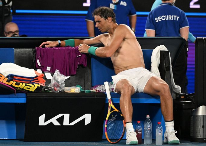 Tennis - Australian Open - Men's Singles Final - Melbourne Park, Melbourne, Australia - January 30, 2022 Spain's Rafael Nadal during a break in play against Russia's Dani