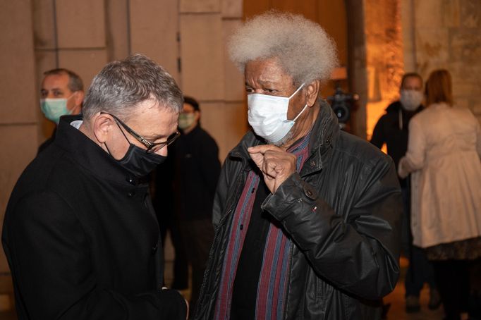 Wole Soyinka (vpravo) s ministrem kultury Lubomírem Zaorálkem z ČSSD.