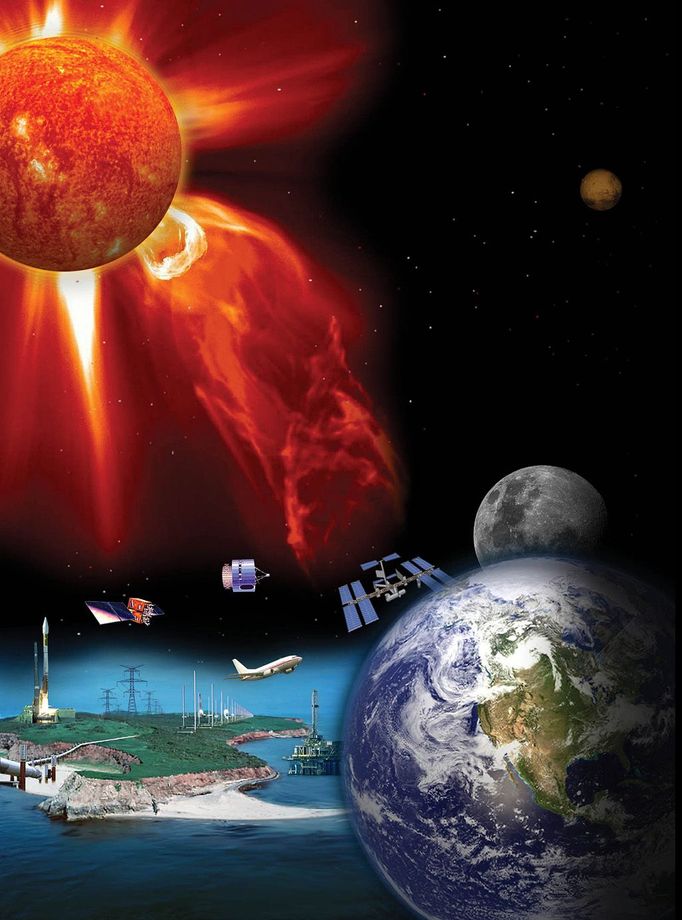 Artist's concept of a space weather, the factors that cause it and technology impacted by it. Credit: NASA