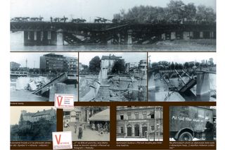 Koláž archivních fotografií zachycující město Přerov během německé okupace 1939-1945: zničené mosty, okupační symboly a budovy využívané nacisty.