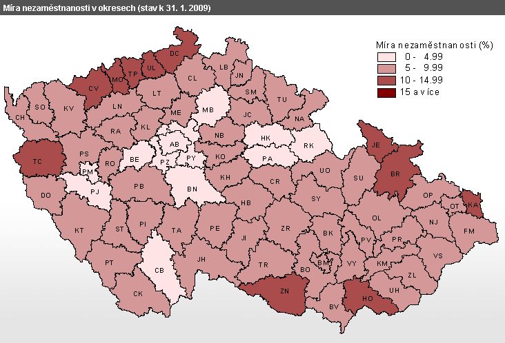 mapa - Míra nezaměstnanosti v okresech (stav k 31. 1. 2009)