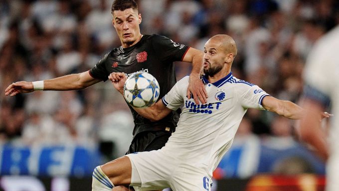 Útočník Leverkusenu Patrik Schick v utkání Ligy mistrů v Kodani