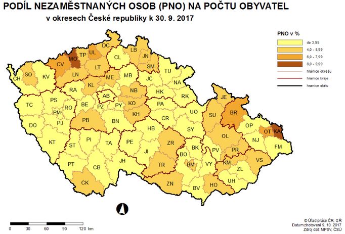 Mapa: Nezaměstnanost září 2017