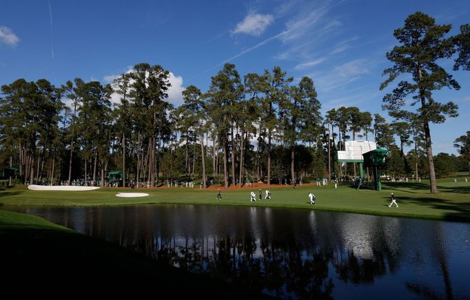 Golf - The Masters - Augusta National Golf Club - Augusta, Georgia, U.S. - November 15, 2020  General view of Dustin Johnson of the U.S. on the 16th hole during the final