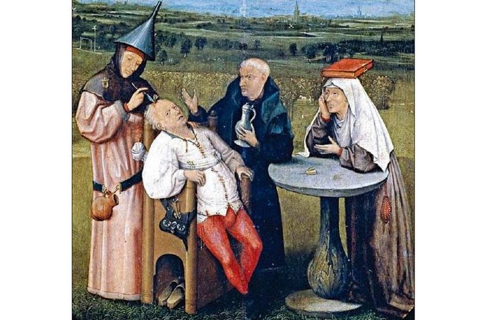 Hieronymus Bosch: Vyjímání kamene šílenství, olej na dřevě, kolem 1488-1516, Museo del Prado, Madrid - satirické zobrazení středověké "léčby" duševních nemocí.