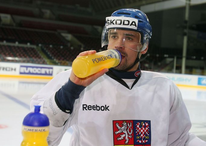 Český hokejový reprezentant Tomáš Plekanec při tréninku před Karjala Cupem 2012.