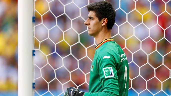 Belgium's goalkeeper Thibaut Courtois reacts during the 2014 World Cup quarter-finals between Argentina and Belgium at the Brasilia national stadium in Brasilia July 5, 2