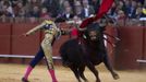 Spanish matador Oliva Soto performs a pass to a bull during a bullfight in Seville