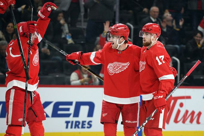 Dec 12, 2019; Detroit, MI, USA; Detroit Red Wings right wing Filip Zadina (11) celebrates his goal with defenseman Filip Hronek (17) and teammates during the second perio