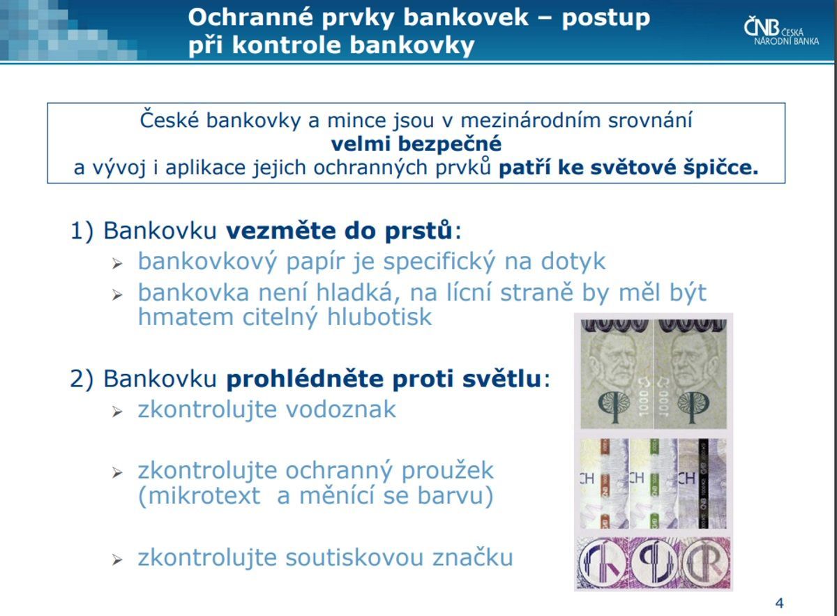 Padělky 2017 ČNB jak poznat pravou bankovku 1 koruna dolary USD euro měna bankovky mince padělání