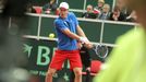 Tomáš Berdych hraje proti Francouzi Gilesu Simonovi na Davis Cupu v Ostravě.