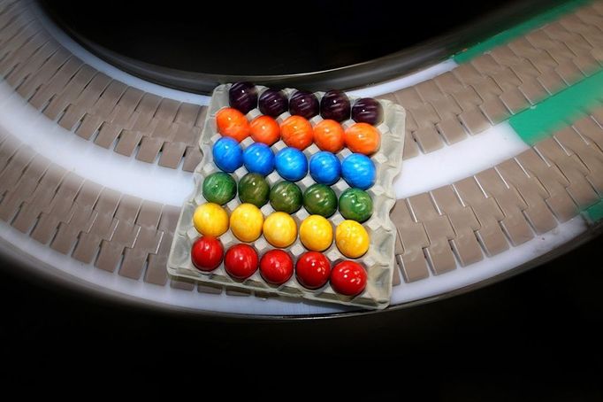 Dyed eggs roll on a conveyor belt in the Beham egg dye-works in Thannhausen, Germany, 30 March 2012. Its peak season at the dyeworks shortly before Easter. Around 180,000 eggs are boiled and dyed here daily. Photo: Karl-Josef Hildenbrand