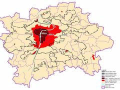 Současný návrh nového územního plánu Prahy. Tato mapa ukazuje, kde bude striktně zakázáno stavět výškové budovy, tedy v Pražské památkové rezervaci a v jejím okolí