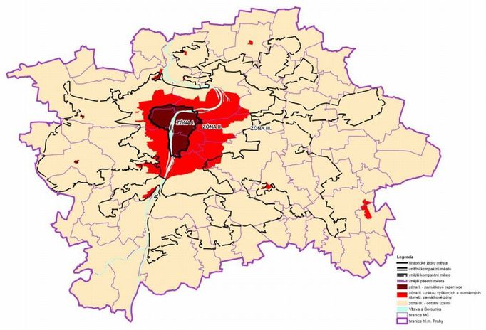 Současný návrh nového územního plánu Prahy. Tato mapa ukazuje, kde bude striktně zakázáno stavět výškové budovy, tedy v Pražské památkové rezervaci a v jejím okolí