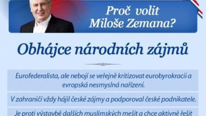 Úryvek z předvolebního letáku, který na podporu Miloše Zemana zveřejnila Strana práv občanů - Zemanovci.