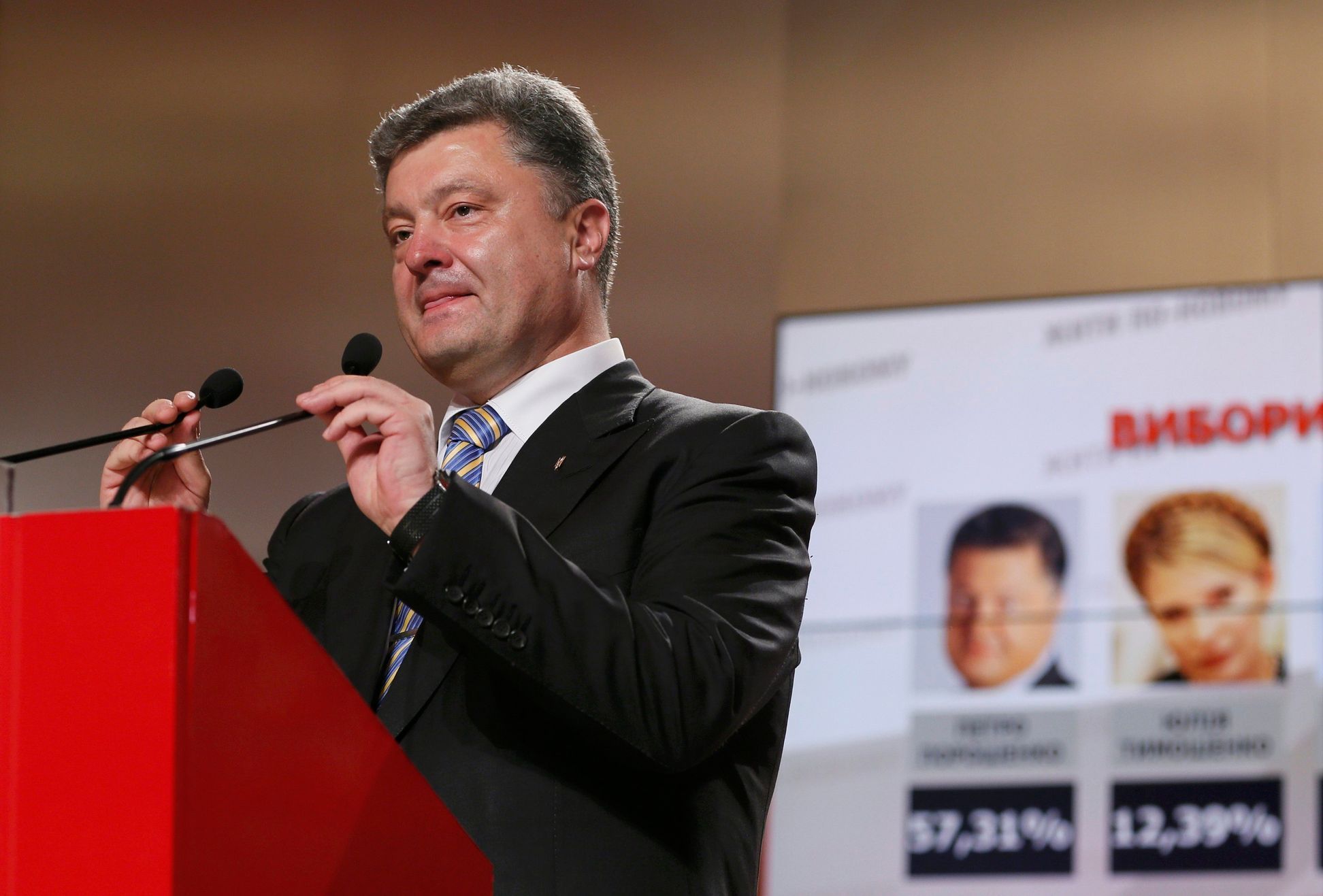 Oligarcha Porošenko po oznámení prvních odhadů výsledků voleb.