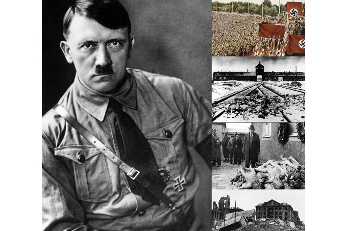 Adolf Hitler patří mezi největší masové vrahy a zločince 20. století. On a jeho zločinný nacistický režim způsobil smrt a utrpení desítkám miliónů lidí. Ilustrační koláž.