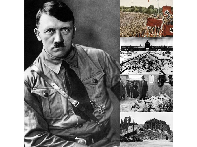 Adolf Hitler patří mezi největší masové vrahy a zločince 20. století. On a jeho zločinný nacistický režim způsobil smrt a utrpení desítkám miliónů lidí. Ilustrační koláž.