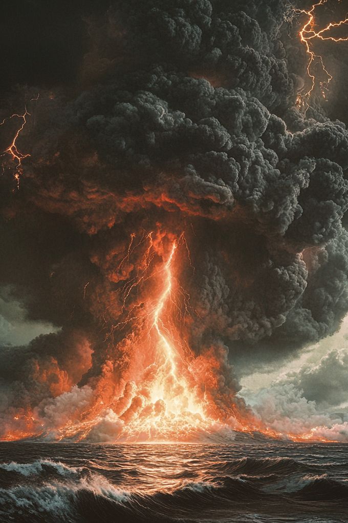 Umělecká vizualizace erupce sopky Krakatoa (1883). Ilustrační snímek zhotovený pomocí umělé inteligence.