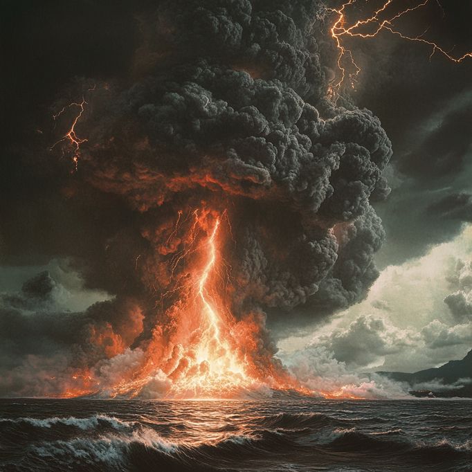 Umělecká vizualizace erupce sopky Krakatoa (1883). Ilustrační snímek zhotovený pomocí umělé inteligence.