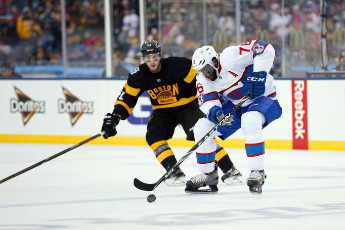 Canadiens defenseman P.K. Subban (76) skates with the puck in front of Boston Bruins center Ryan Spooner (51)