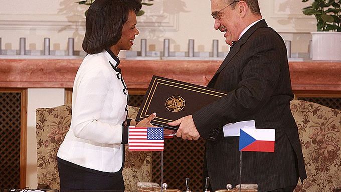 Jubilant Condoleezza Rice and Karel Schwarzenberg after signing the treaty
