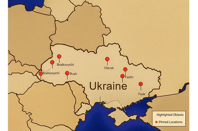 Mapa hlavních oblastí působení sériového vraha Anatolije Onoprienka na Ukrajině, s vyznačením klíčových lokalit jeho útoků. Vyrobeno pomocí umělé inteligence.