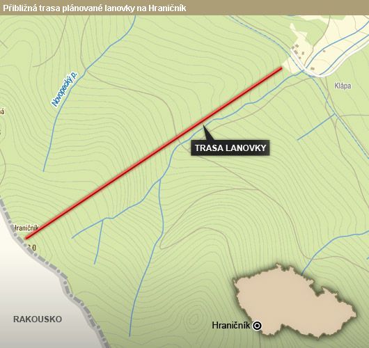 Přibližná trasa plánované lanovky na Hraničník