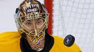 Boston Bruins goalie Tuukka Rask keeps his eyes on the puck in the first overtime period of Game 1 of their NHL Eastern Conference semi-final hockey playoff series agains