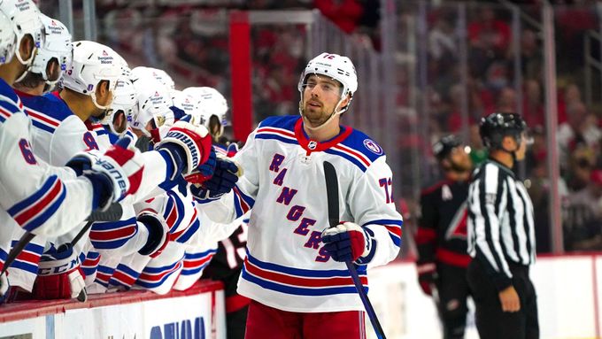 May 18, 2022; Raleigh, North Carolina, USA; New York Rangers center Filip Chytil (72) celebrates his goal against the Carolina Hurricanes during the first period in game